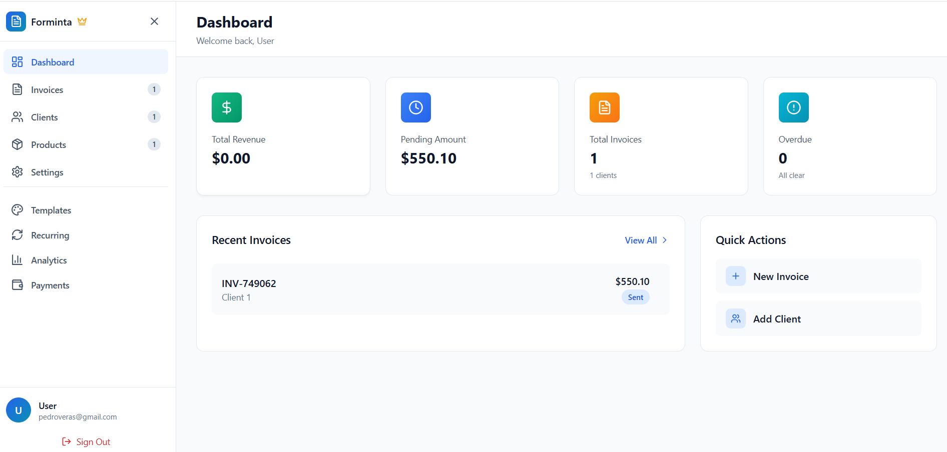 Forminta Pro dashboard showing revenue, pending invoices, recent invoices, and quick actions